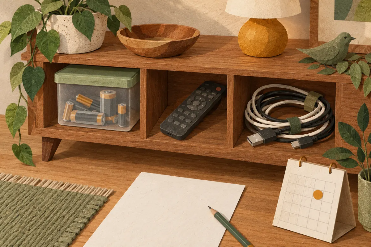 Ilustracja domowej szafki z osobnymi miejscami na zużyte baterie, drobną elektronikę i przewody.