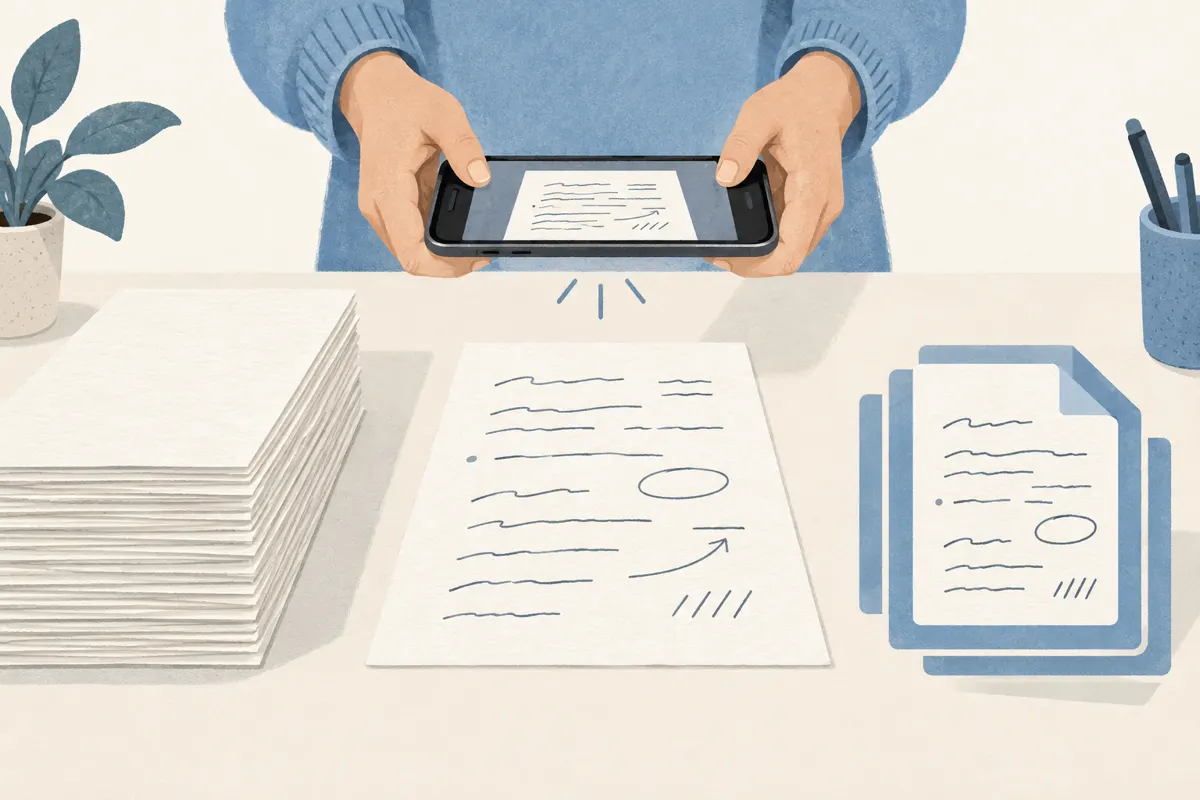 Ilustracja telefonu skanującego papierowe notatki do wielostronicowego dokumentu.
